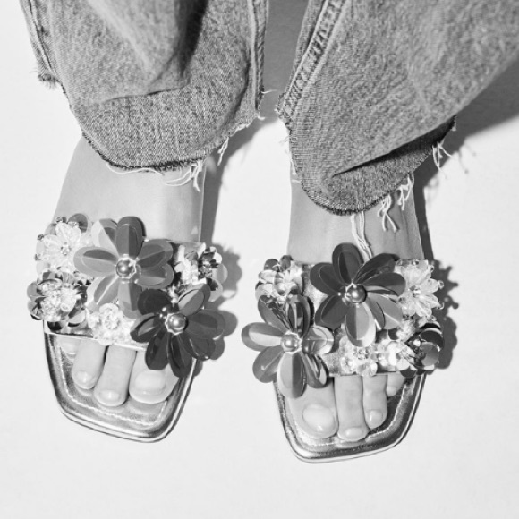 Zara Metallic Floral Appliqué Square Toe Sandals - Picture 3 of 11